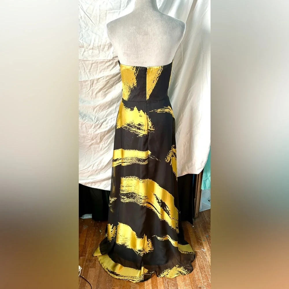 Donna Karan Black, Gold Metallic Paintbrush Strapless Gown, Size M - Picture 5 of 10